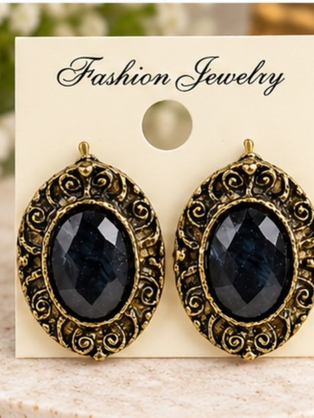 Vintage-Inspired Black Oval Stone Stud Earrings โ Antique Gold-Tone Filigree